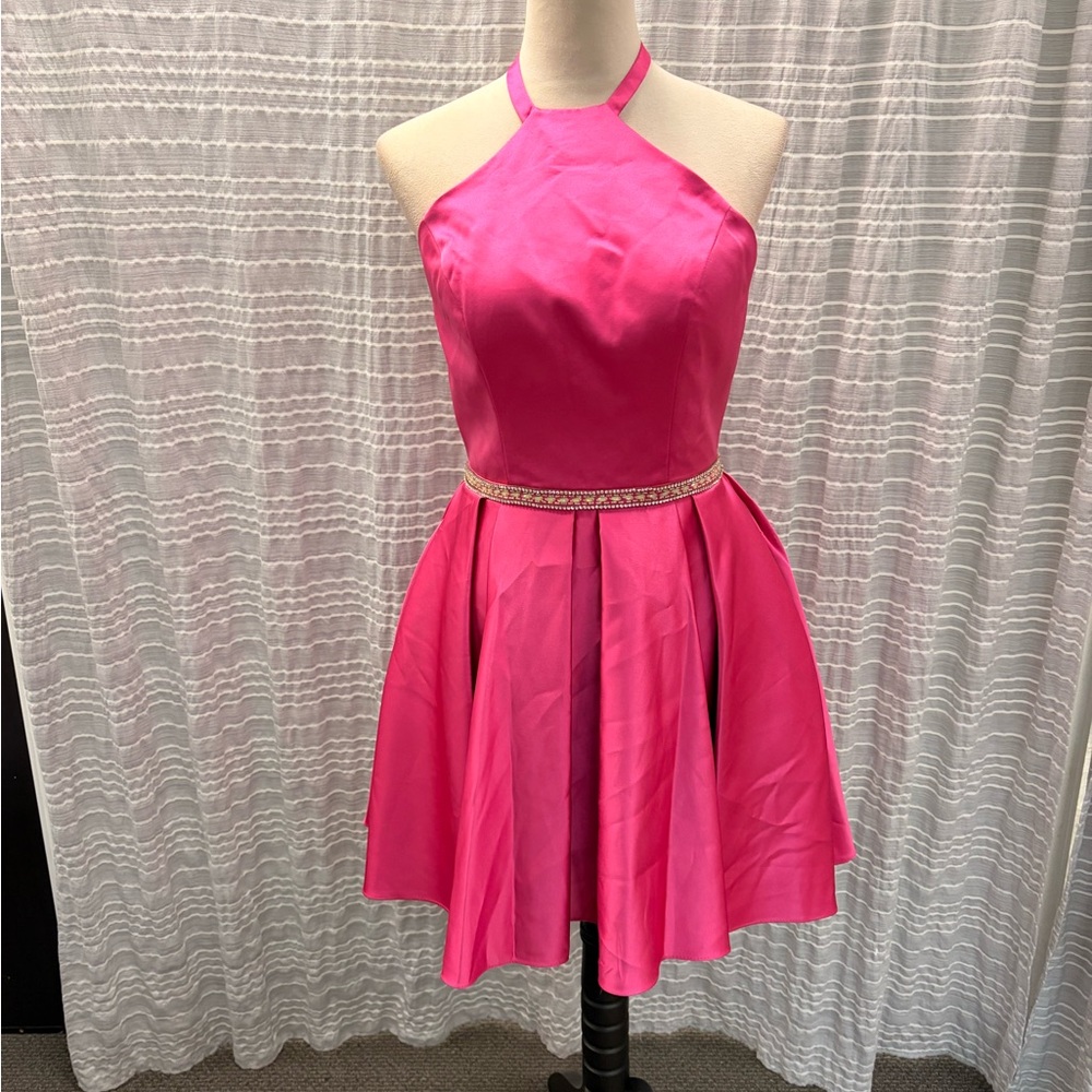 Pink Halter Dress with Embellished Belted Waist